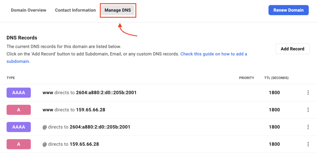 ปุ่มจัดการ DNS