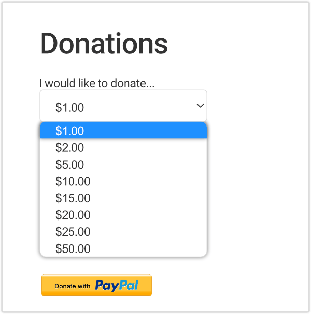 Acceptați donații cu pluginul PayPal -- meniu derulant pentru suma din formular