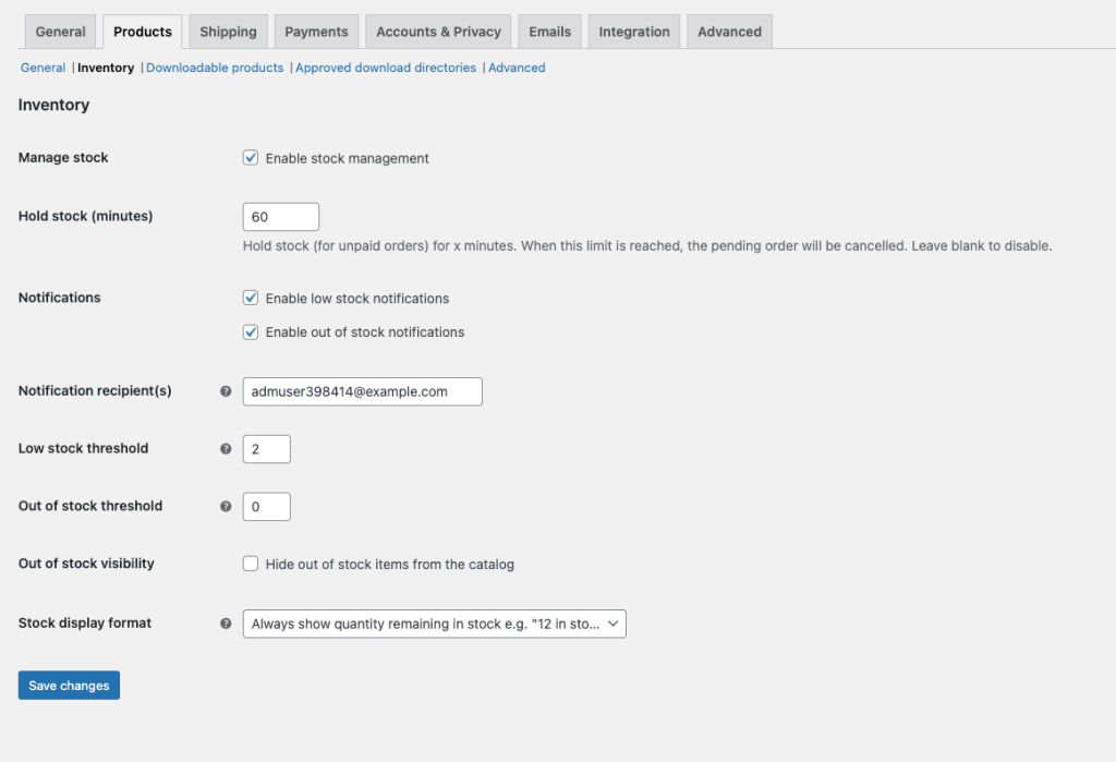 Impostazioni WooCommerce di WordPress nell'inventario della scheda prodotti