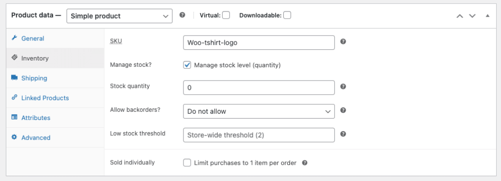 Sezione dei dati del prodotto WordPress WooCommerce, impostazione del monitoraggio dell'inventario