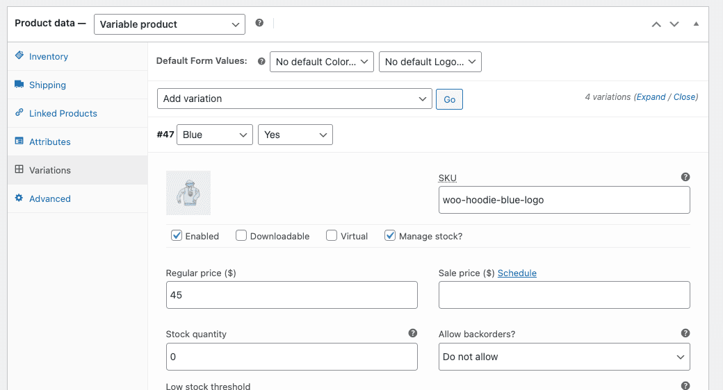 Impostazioni WooCommerce di WordPress su Variazioni sotto prodotto variabile dati prodotto