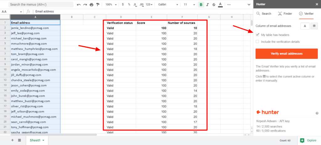 Hunter-Add-on für Google Sheets