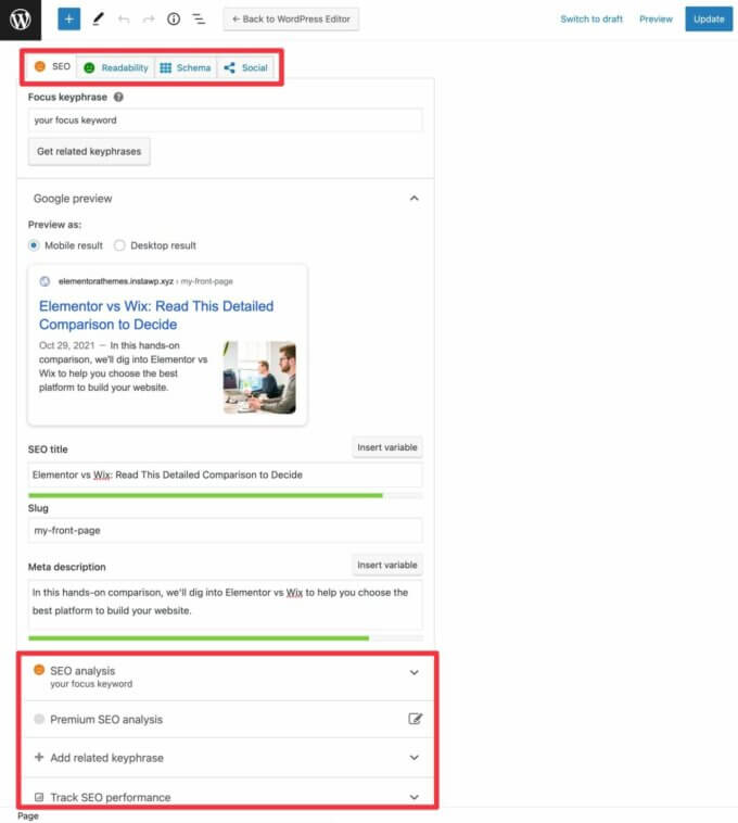ตัวเลือก Elementor SEO