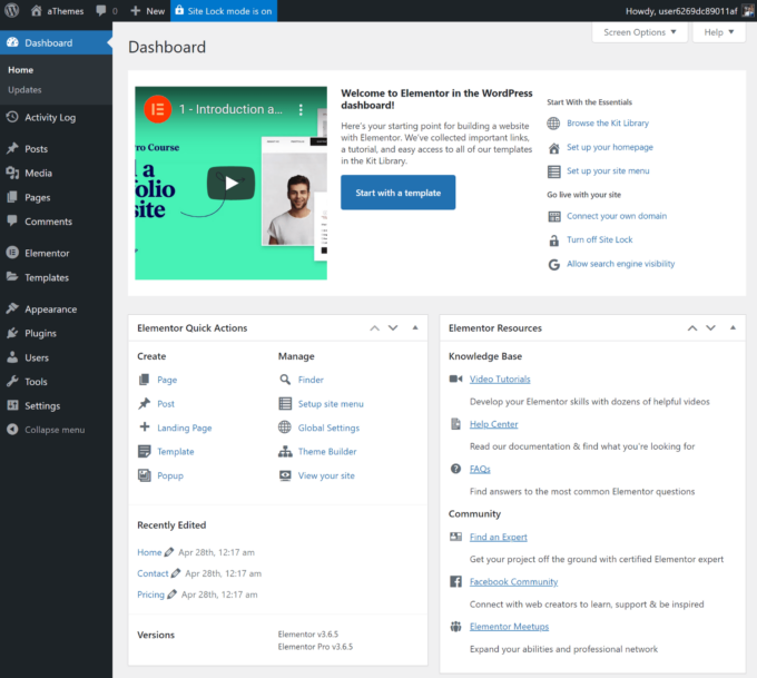 แดชบอร์ด Elementor/WordPress