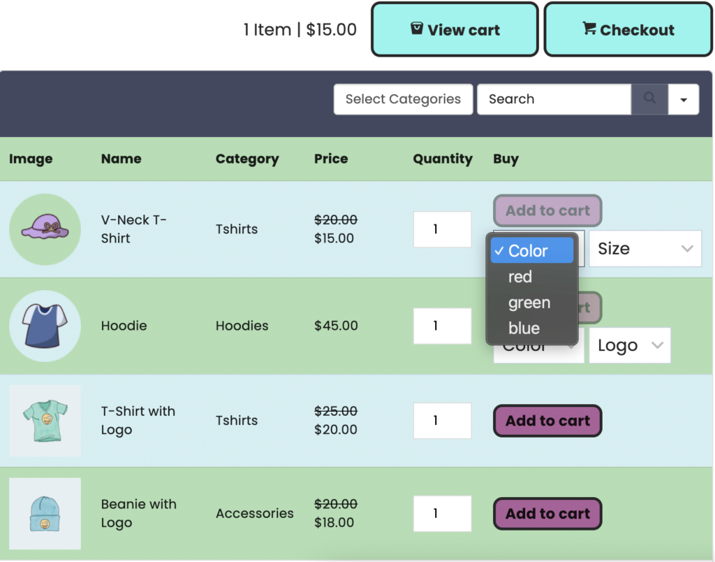 สีตาราง WooCommerce