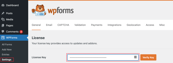 Lisans Anahtarınızı Girmek için WPForms »Ayarlar Sayfasını ziyaret edin