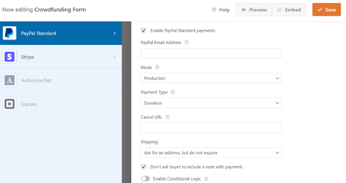 WPForms'ta daha fazla ödeme ayarı