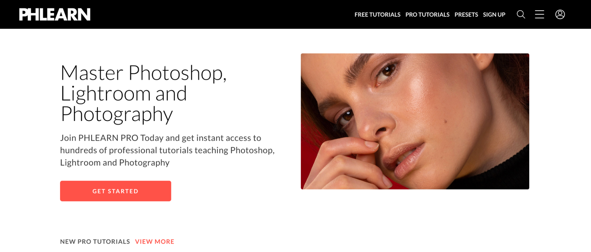 Página de inicio de PHLEARN, anunciando sus tutoriales de photoshop y lightroom