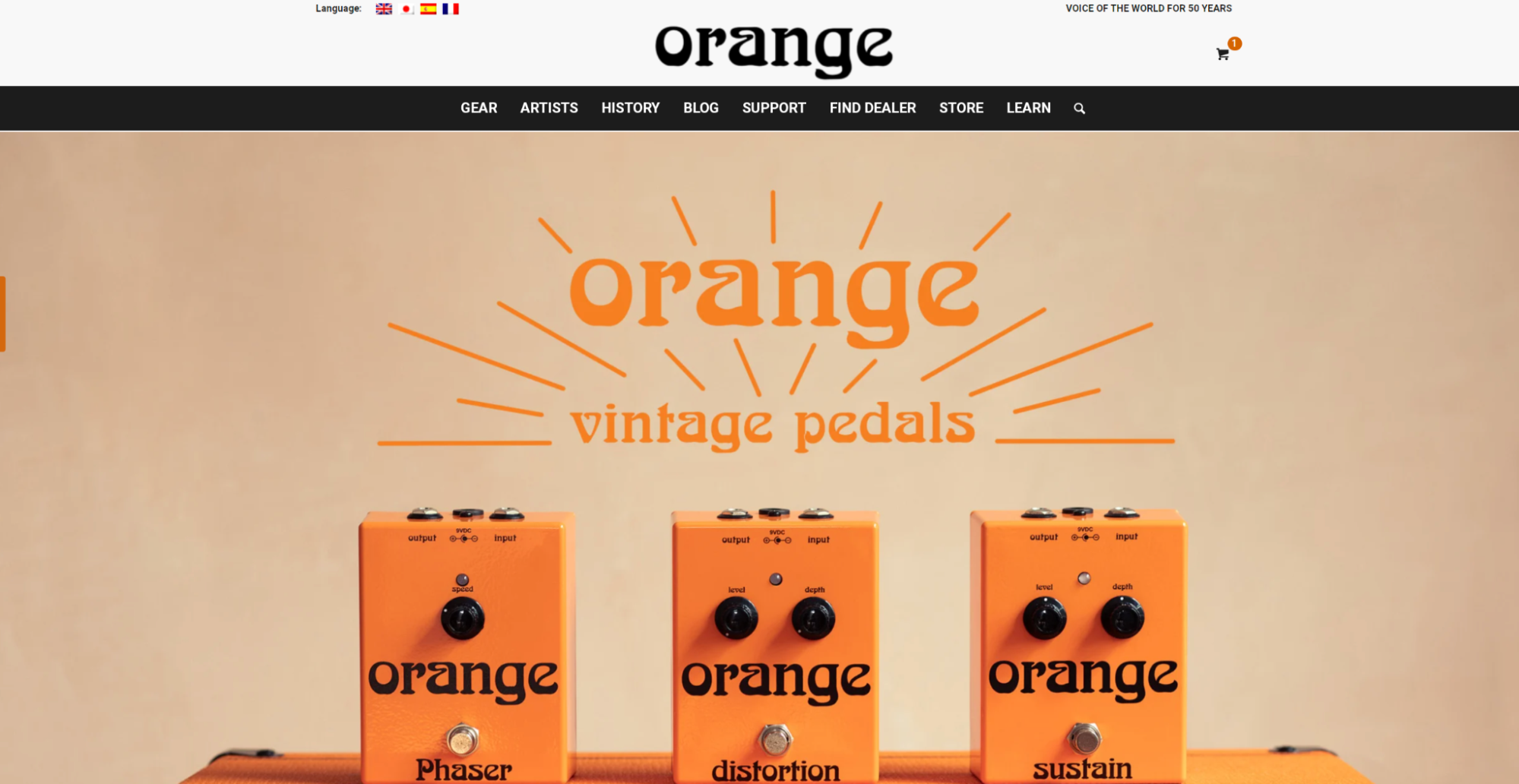 Página de inicio de la tienda de comercio electrónico Orange Amps