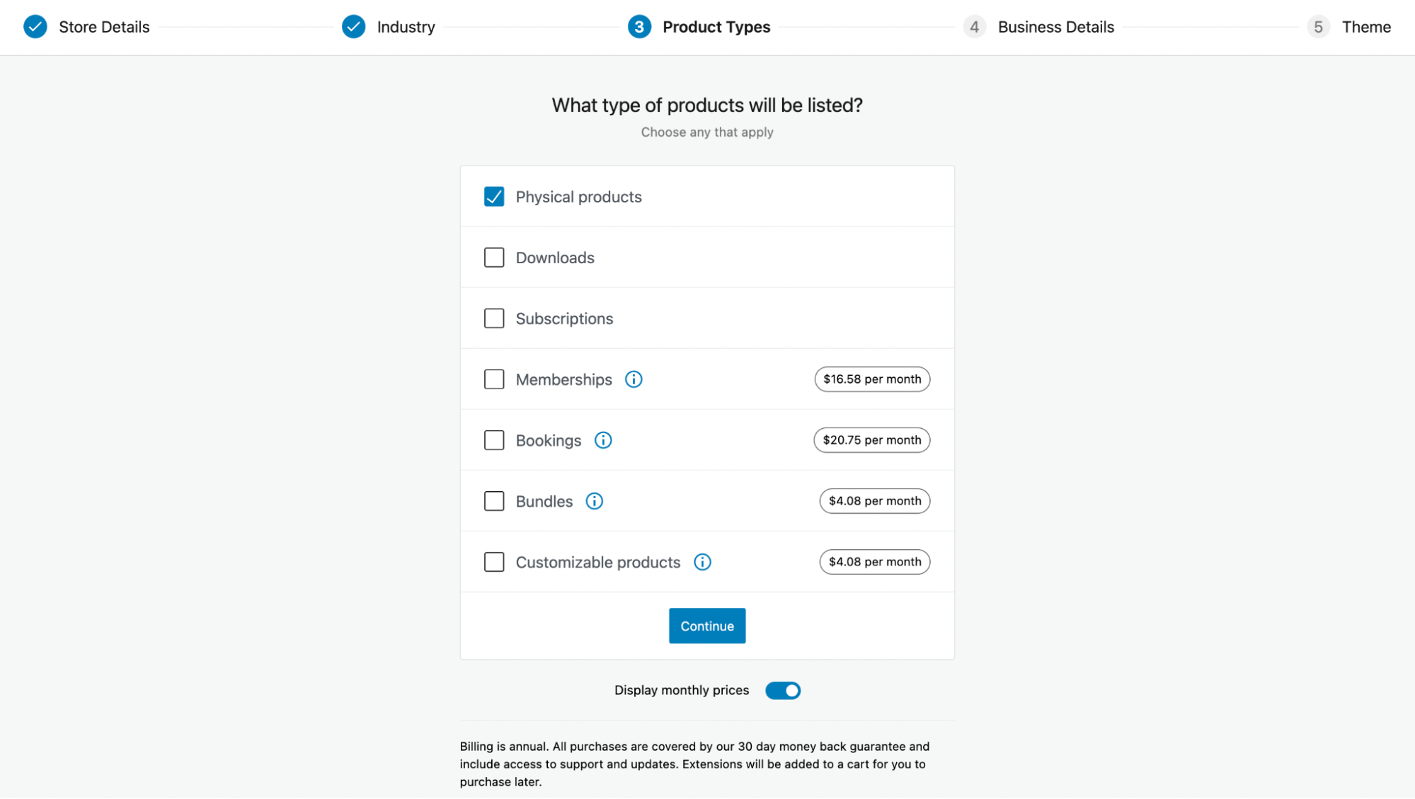 el asistente de configuración de WooCommerce, preguntando sobre el tipo de producto de la tienda