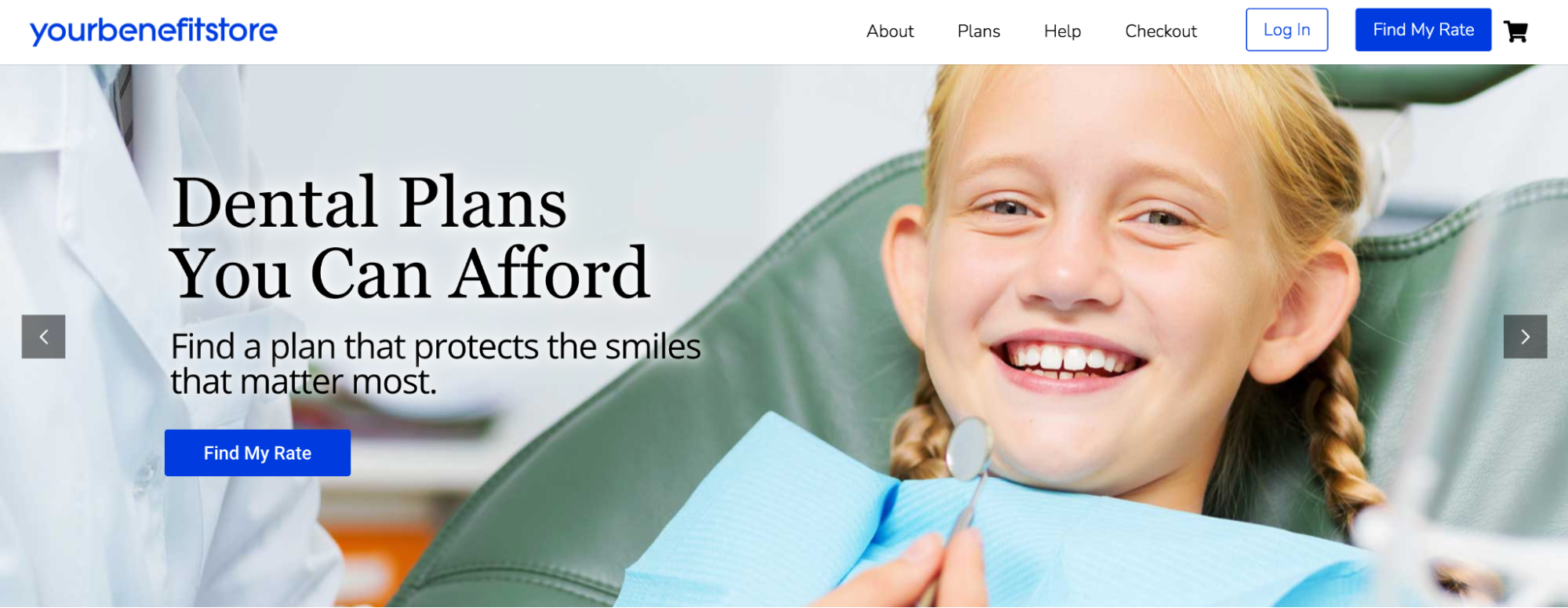 Página de inicio de YourBenefitStore.com, que muestra sus planes dentales