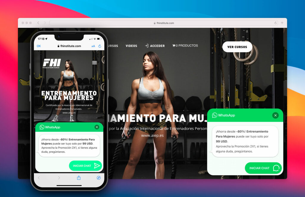 Página web de FHI con ventana emergente de Whatsapp Chat