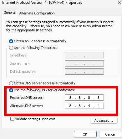 اختر عناوين خادم DNS وأدخل رموز خادم DNS بشكل صحيح.