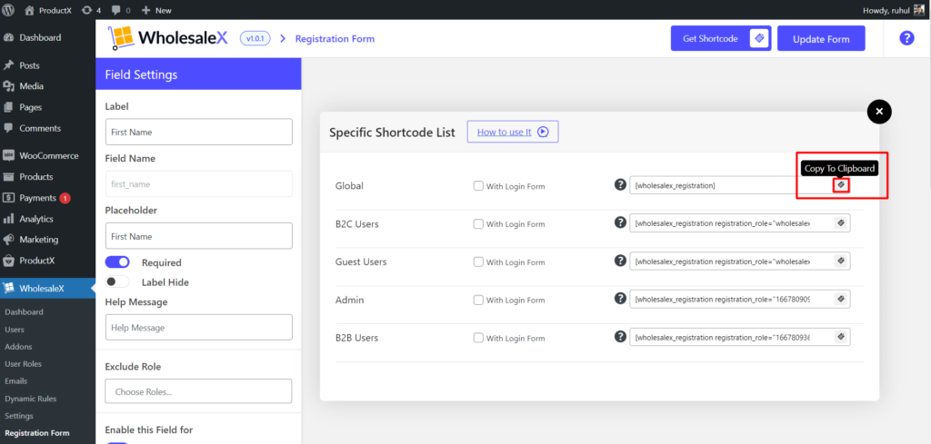 Como criar formulário de registro WooCommerce para usuários B2B e B2C 11 WholesaleX Registration Shortcode Copying