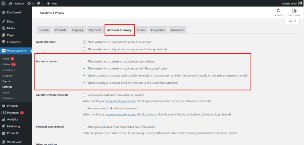 Como criar formulário de registro WooCommerce para usuários B2B e B2C 3 WooCommerce Account & Privacy Settings