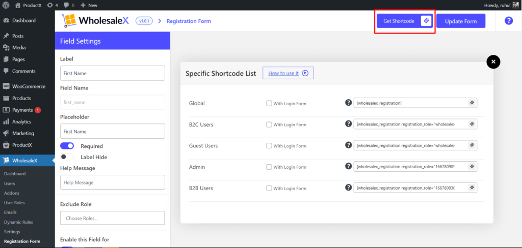 Como criar formulário de registro WooCommerce para usuários B2B e B2C 9 WholesaleX Registration Form Shortcodes