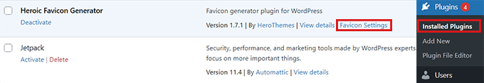 Depois de ativar o plug-in, clique em Configurações do Favicon