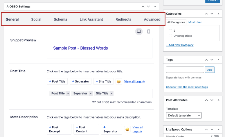 aioseo 在帖子编辑器中的页面设置 - IsItWP - 免费的 WordPress 主题检测器 aioseo on page settings in post editor