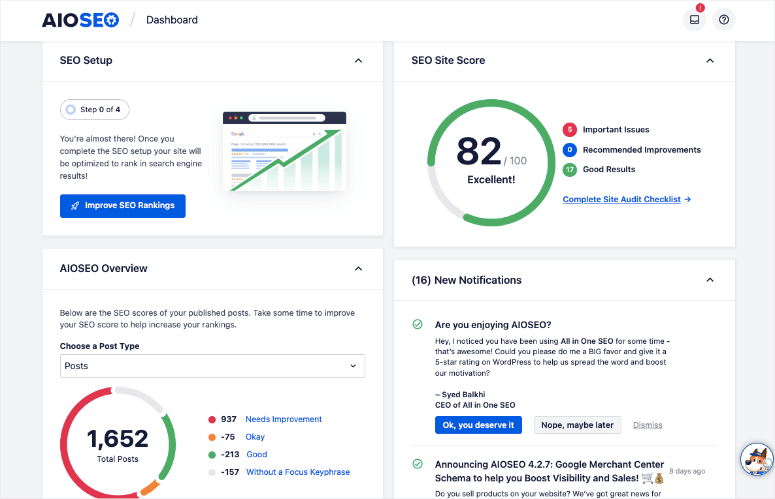 带有审计统计数据的 aioseo 仪表板 - IsItWP - 免费的 WordPress 主题检测器 aioseo dashboard with audited stats