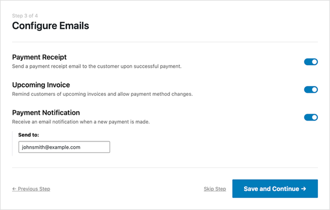 configurer les paramètres de messagerie - SeedProd WP Simple Pay email settings