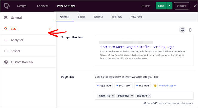 paramètres de référencement - SeedProd Landing page SEO settings