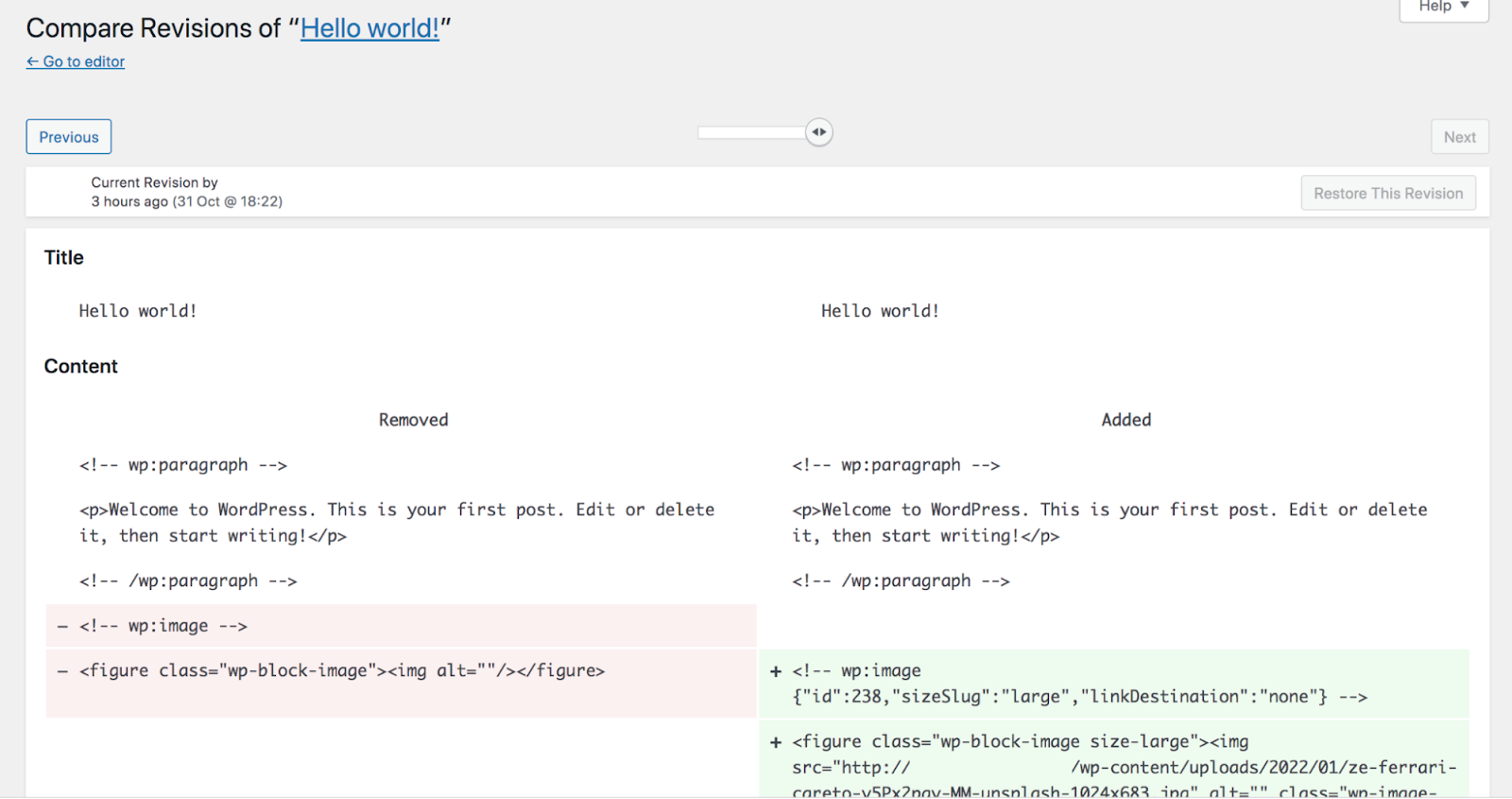 deux révisions WordPress côte à côte