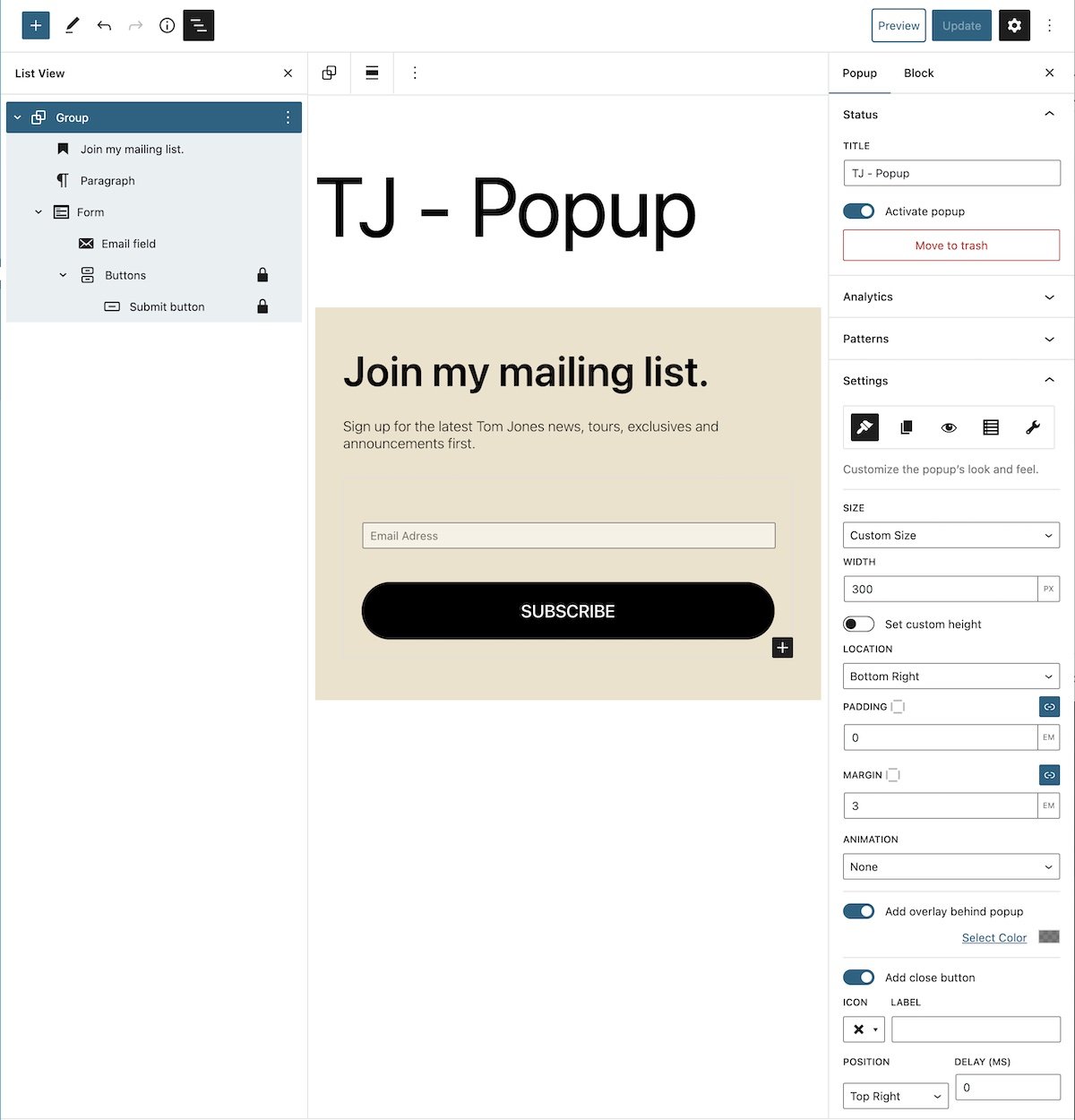 Membuat popup seperti yang ditampilkan di situs web Tom Jones