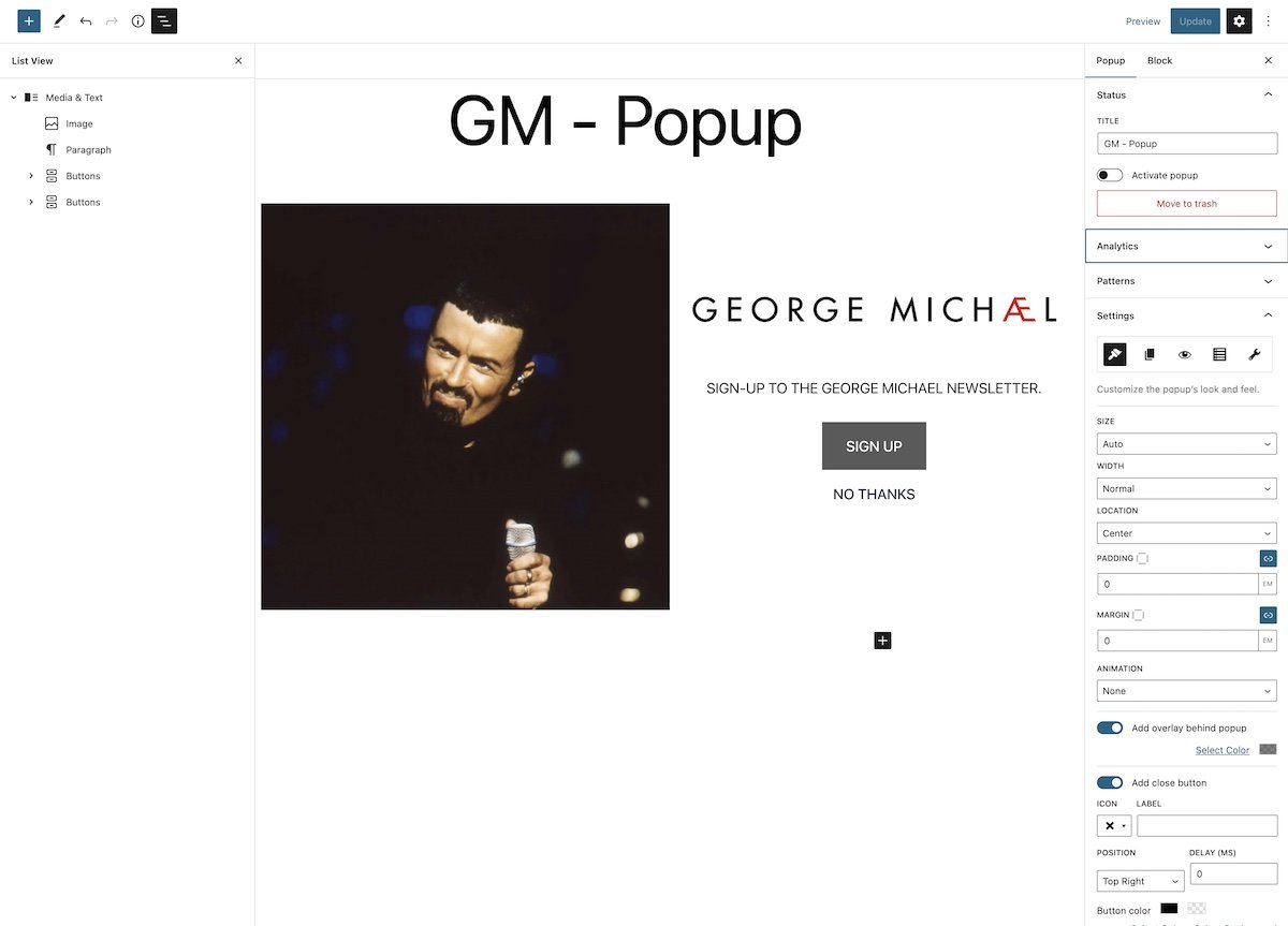 Membuat popup seperti yang ditampilkan di situs web George Michael