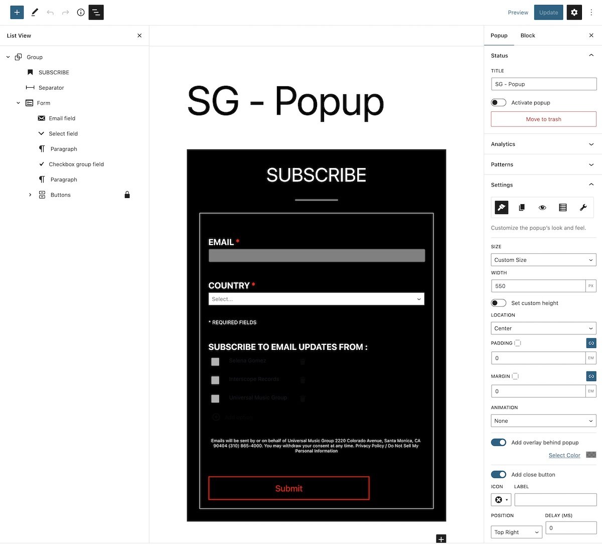 Membuat popup seperti yang ditampilkan di situs web Selena Gomez