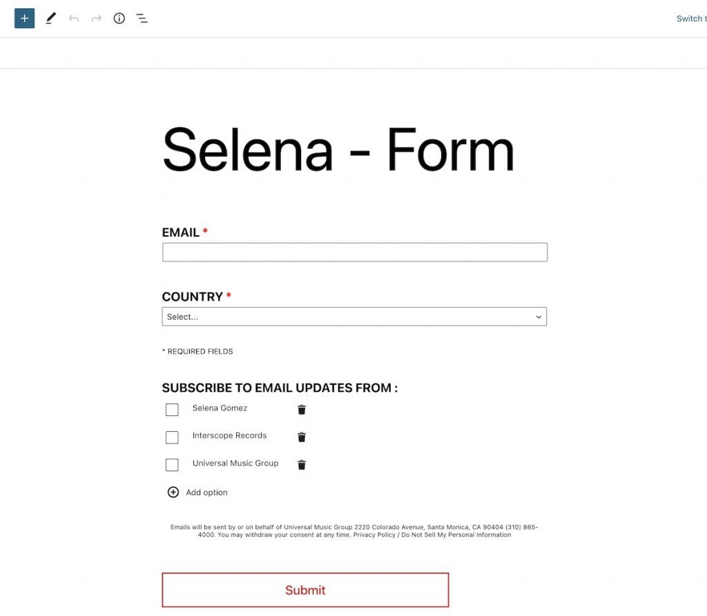 Formulir dibuat untuk popup Selena Gomez