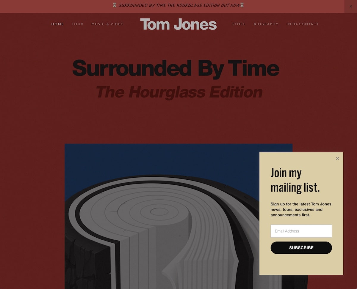 Munculan ditampilkan di situs web Tom Jones