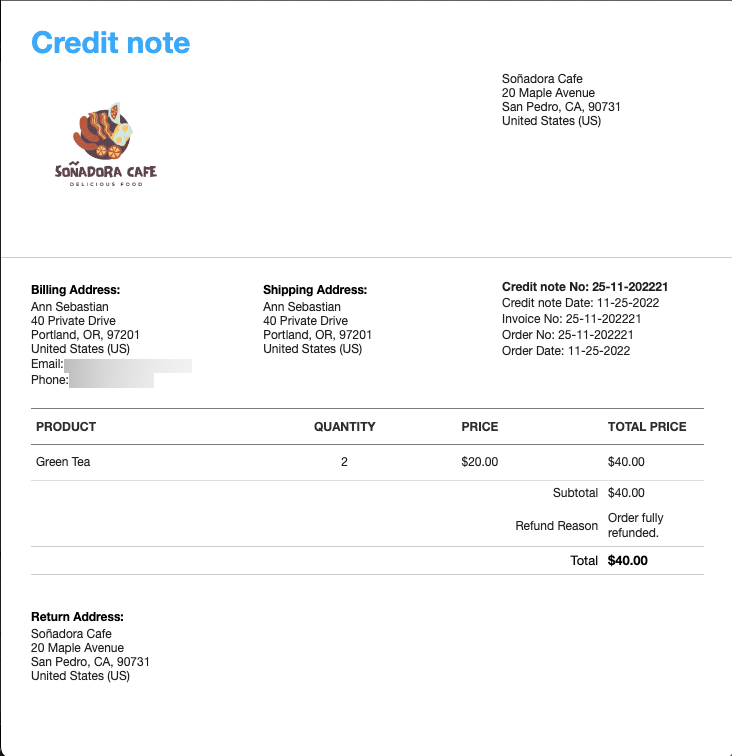 WooCommerce のクレジット ノートの例