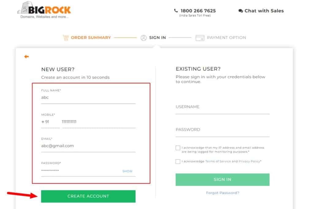 Connexion d'un nouvel utilisateur BigRock