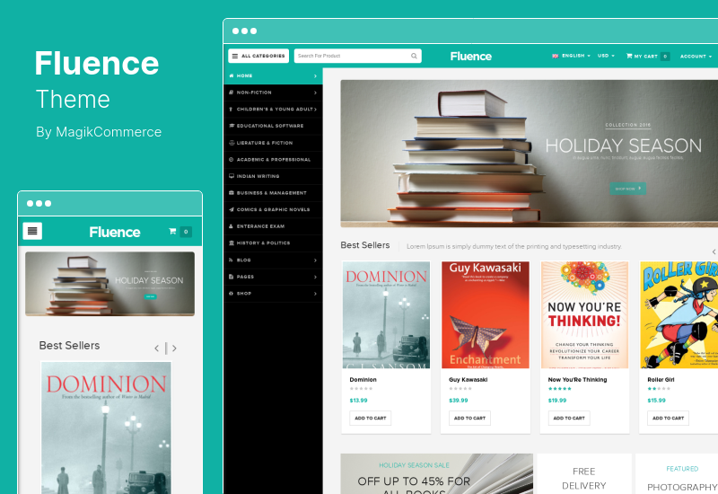 Fluence Theme — книжный магазин Многоцелевая адаптивная тема WordPress для WooCommerce