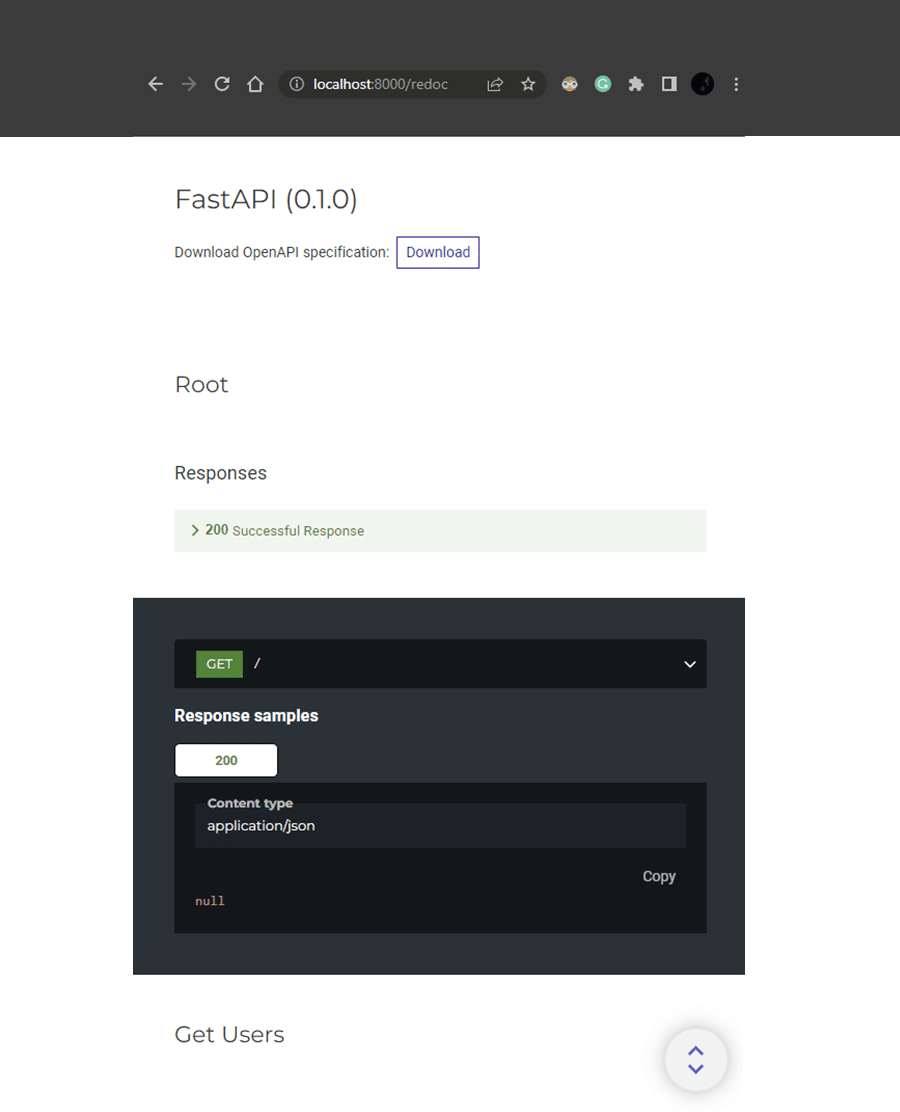 Capture d'écran de l'interface Redoc pour la documentation.