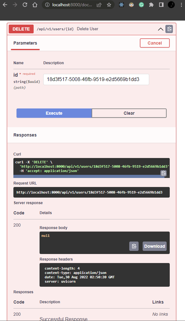 Capture d'écran montrant les paramètres de la requête FastAPI DELETE.