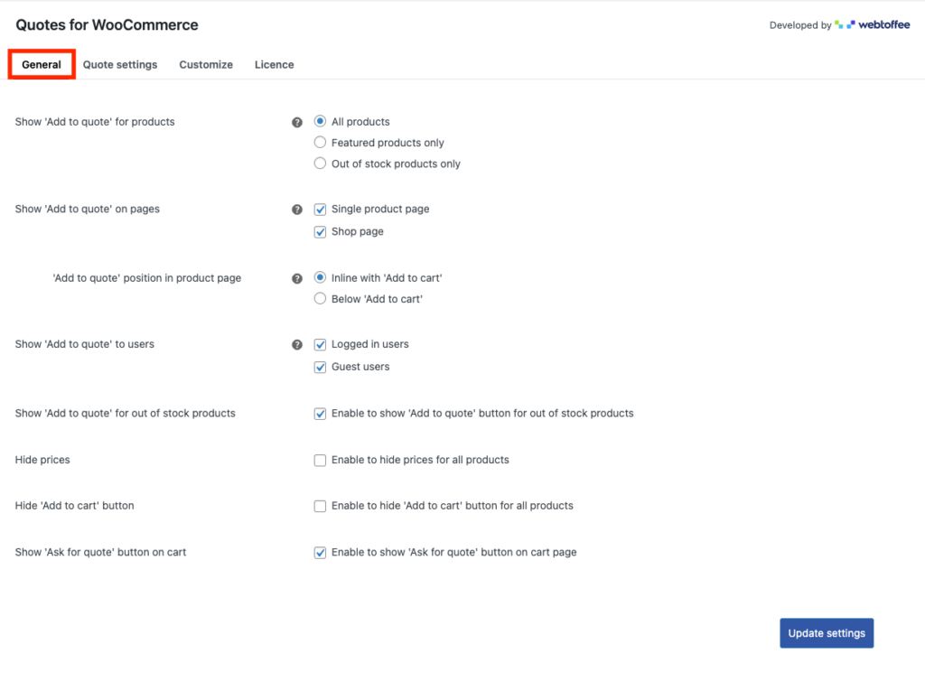 WooCommerce Request a quote プラグインの一般設定