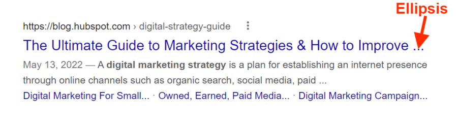 ما هو عنوان الموقع؟ هذا مثال على عنوان موقع ويب Hubspot طويل جدًا ويظهر علامة حذف في SERP.