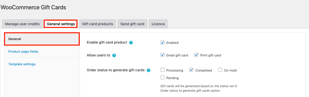 Pengaturan umum untuk kartu hadiah WooCommerce