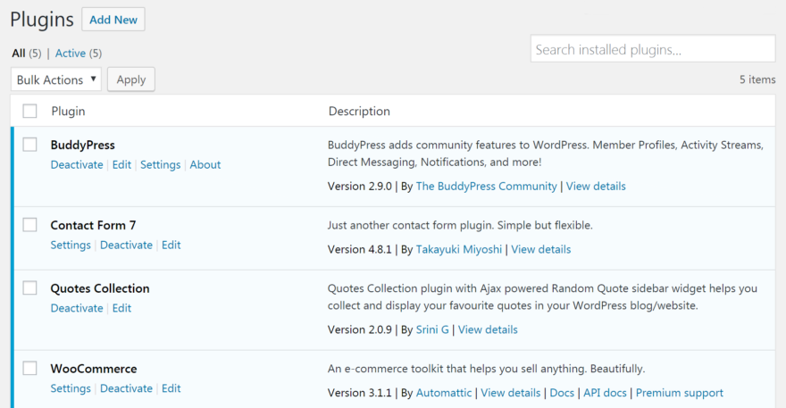 รายการปลั๊กอินในแดชบอร์ด