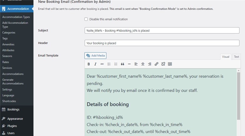 neue Hotelbuchungs-E-Mail-Bestätigung vom Administrator für Kunden bestätigt