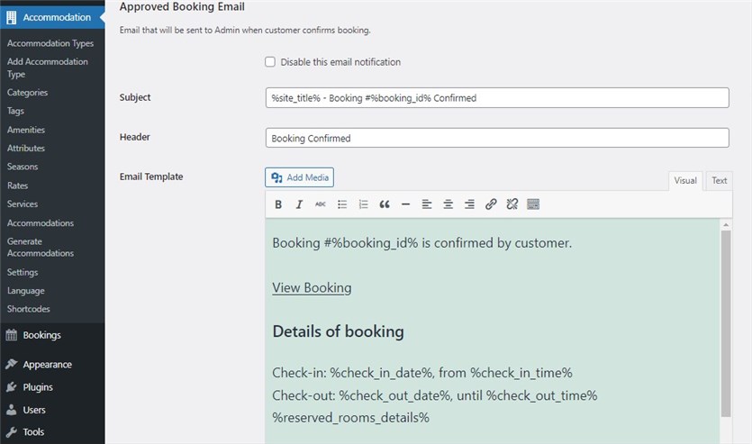 Vom Administrator genehmigte Buchungs-E-Mail-Vorlage