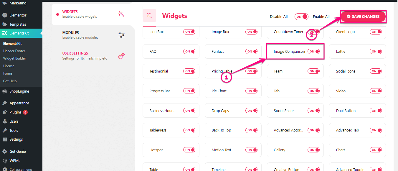 Habilitación del widget de comparación de imágenes de ElementsKit