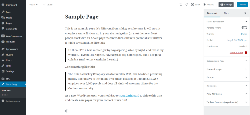 O pagină în editorul Gutenberg.