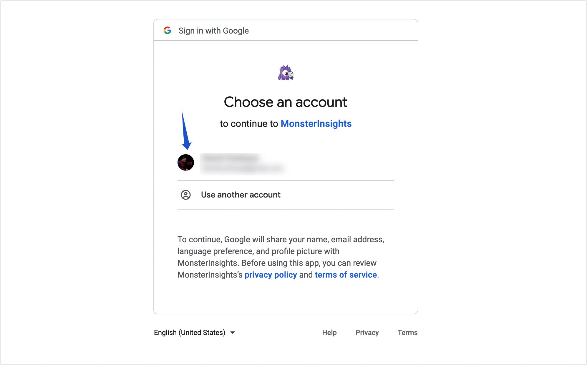Escolha a conta do Google vinculada à propriedade do GA4