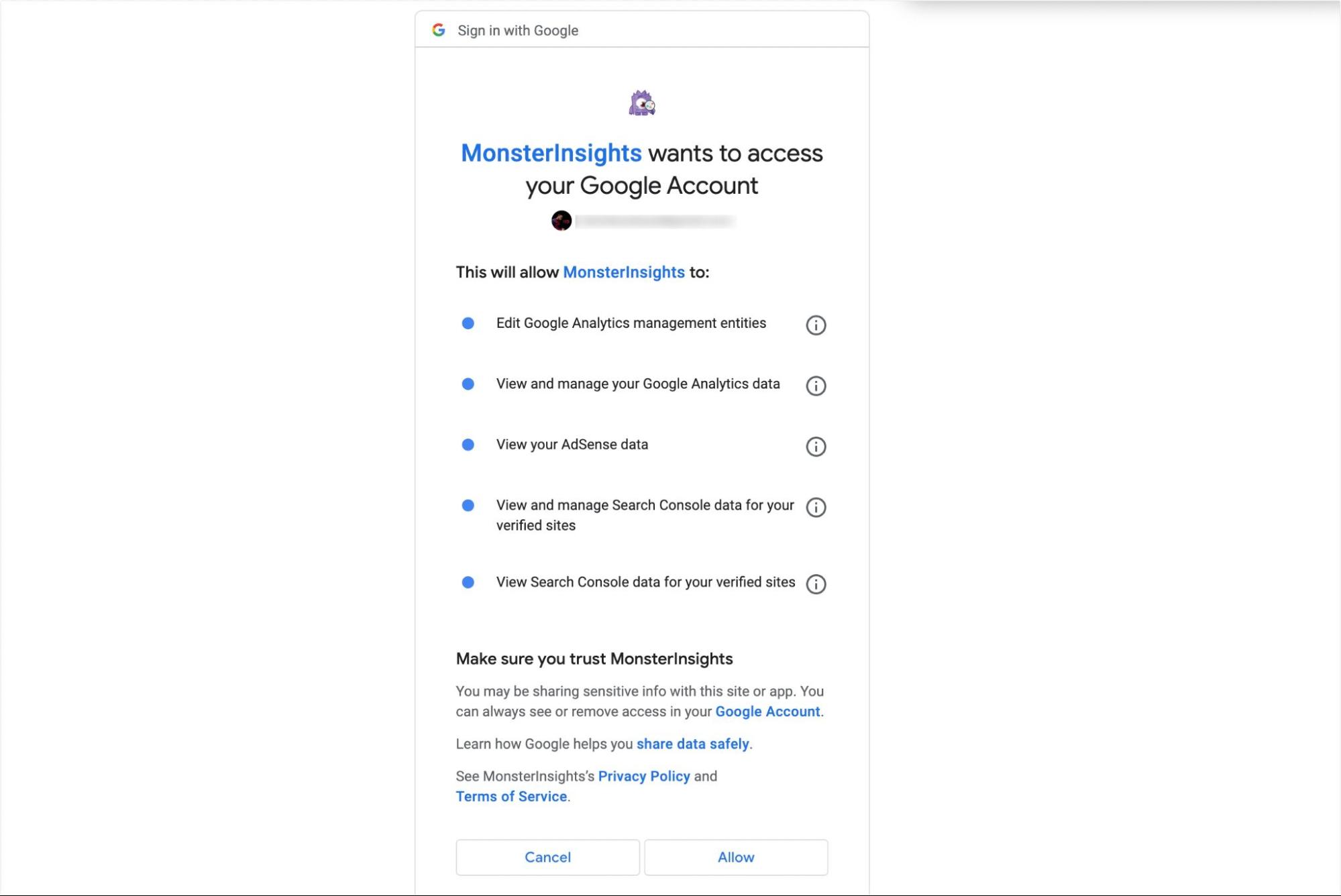 Conceda permissão ao MonsterInsights para acessar sua conta do Google