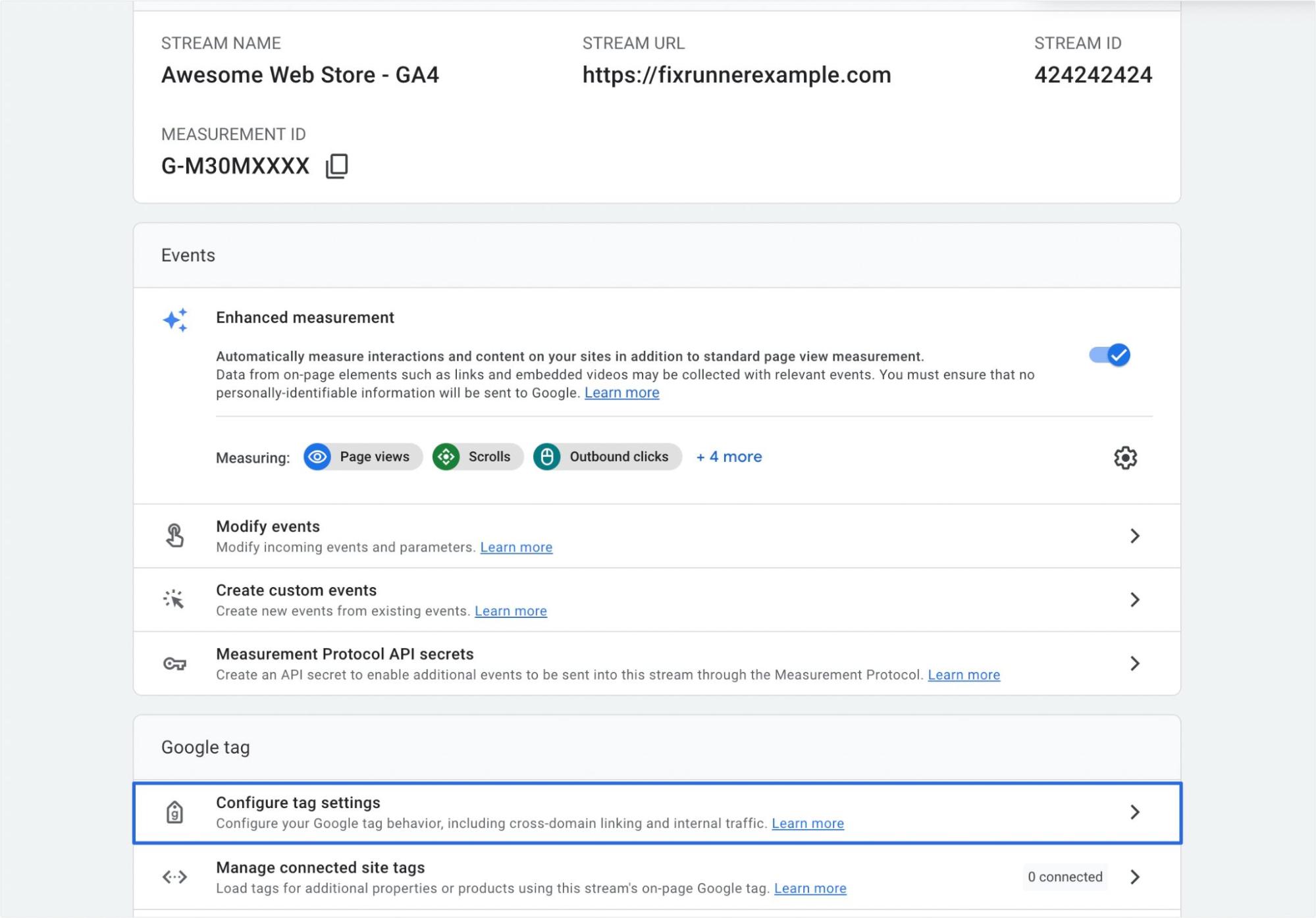 Clique em Configurar tag para obter o código do Google Analytics 4