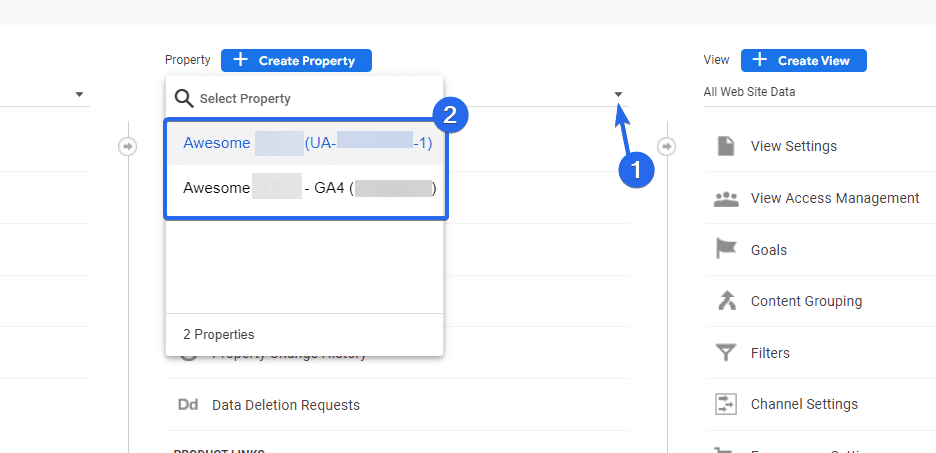 Escolha entre a propriedade Google Analytics 4 ou UA