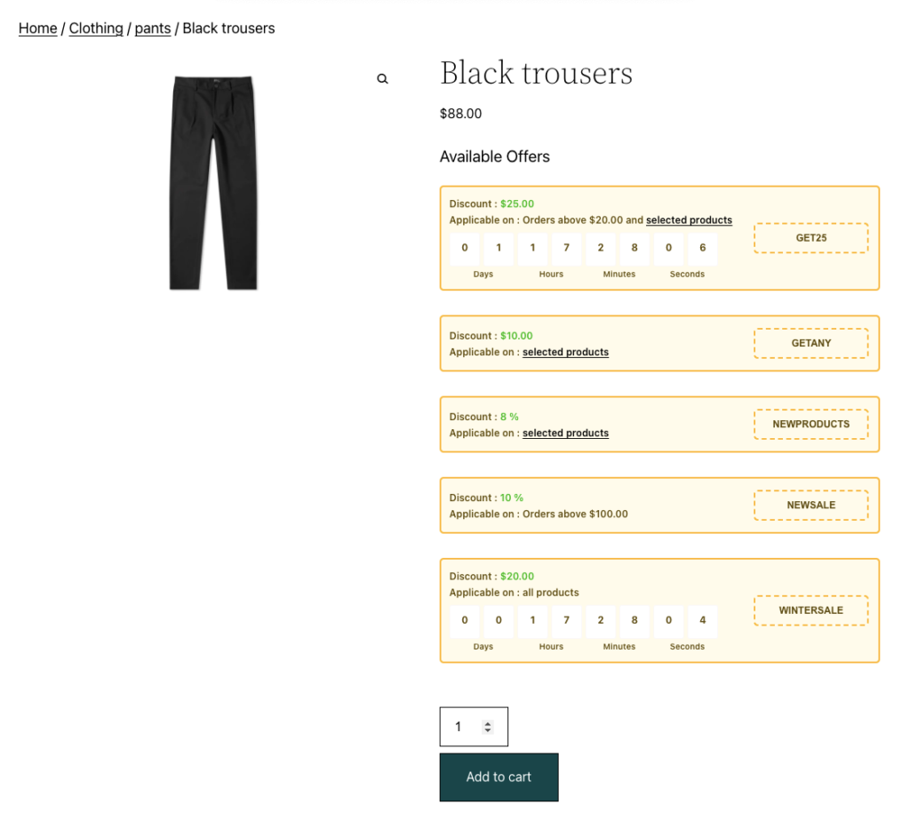 Section des offres et offres WooCommerce disponibles