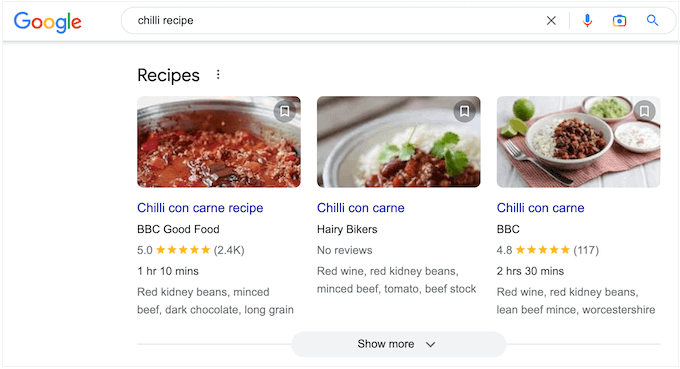 Um exemplo de rich snippet nos resultados de pesquisa do Google